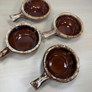 HULL USA Oven Proof Pottery Brown Drip Glaze HANDLED BOWLS Chili Soup Lot of 4
